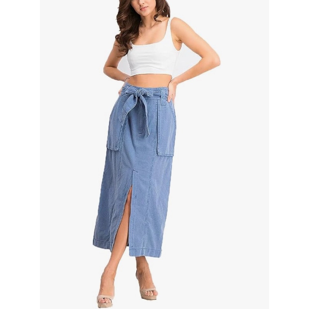 Free People Catching Feelings Linen Blend Midi Skirt Blueberry Pie Blue Boho 4
